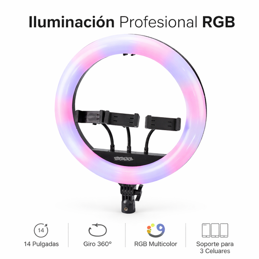 Aro Led RGB A-MK360J 14 Pulgadas con Soporte para 3 Celulares