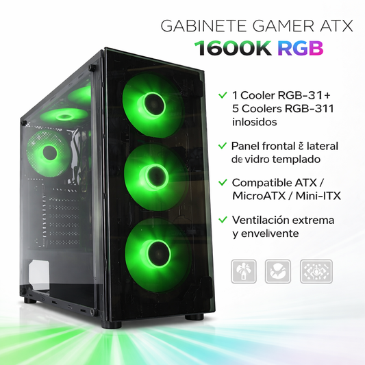 Gabinete Gamer ATX 1600K con 6 Coolers RGB y Vidrio Templado