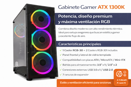 Gabinete Gamer ATX 1300K con Vidrio Templado y 3 Coolers RGB