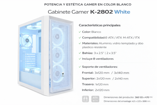 Gabinete Gamer K-2802 Blanco E-ATX con 8 Ventiladores y Vidrio Templado
